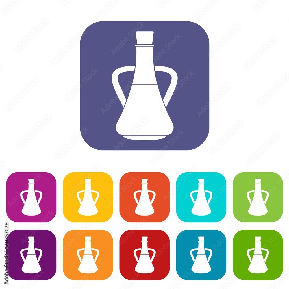 Bottle with olive oil icons set vector illustration in flat style in colors red, blue, green, and other Bottle with olive oil icons set vector illustration in flat style in colors red, blue, green, and other