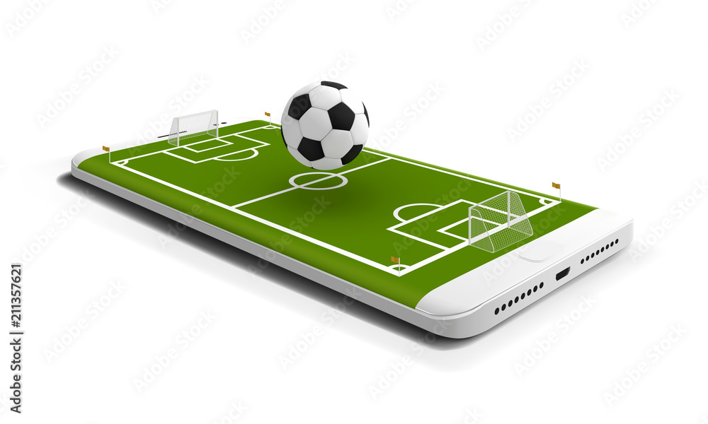 Mobile football soccer. Mobile sport play match. Online soccer game with live mobile app. Football field on the smartphone screen and ball. Online ticket sales concept