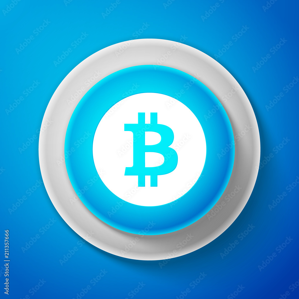 White Cryptocurrency coin Bitcoin icon isolated on blue background. Bitcoin for internet money. Digital currency. Blockchain based secure crypto currency. Circle blue button. Vector Illustration White Cryptocurrency coin Bitcoin icon isolated on blue background. Bitcoin for internet money. Digital currency. Blockchain based secure crypto currency. Circle blue button. Vector Illustration
