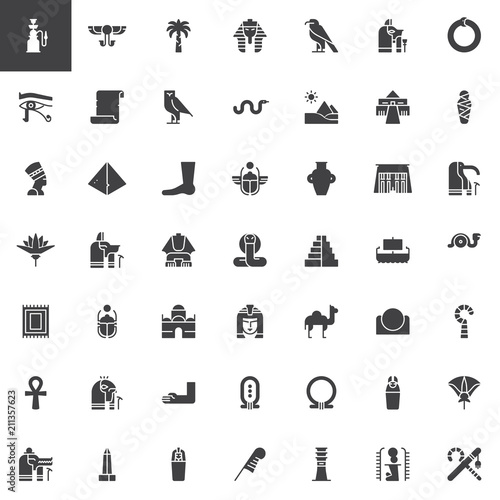 Egypt elements vector icons set, modern solid symbol collection, filled style pictogram pack. Signs, logo illustration. Set includes icons as Pipe, Hieroglyph, Pharaoh, Papyrus, Pyramid, Nefertiti