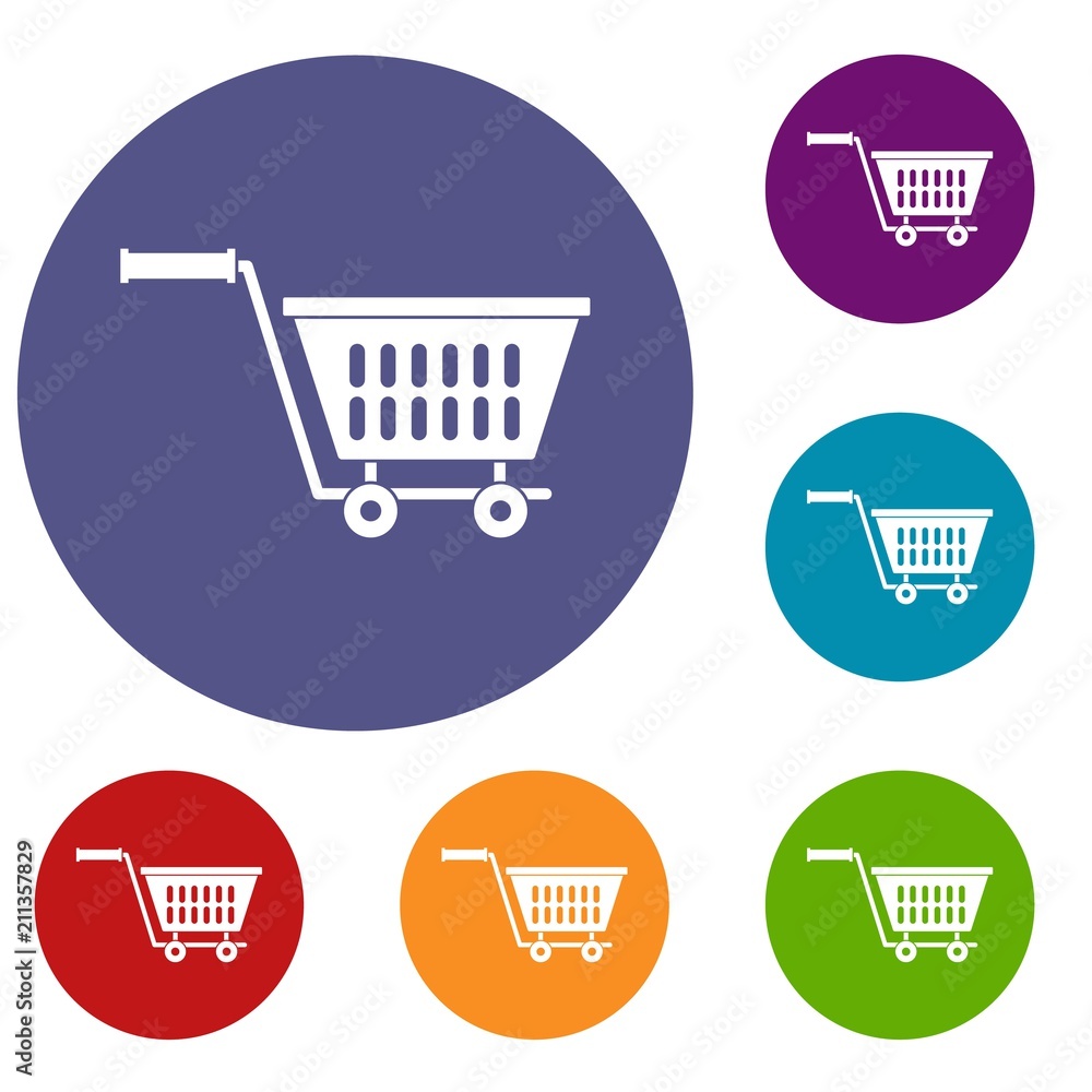 Plastic shopping trolley icons set in flat circle red, blue and green color for web Plastic shopping trolley icons set in flat circle red, blue and green color for web