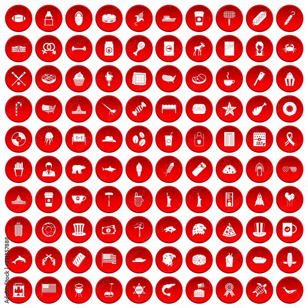 100 USA icons set in red circle isolated on white vector illustration 100 USA icons set in red circle isolated on white vector illustration