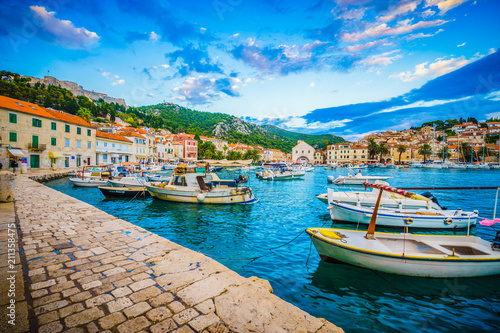 Scenic coast of town Hvar at sunset, Dalmatia, Croatia