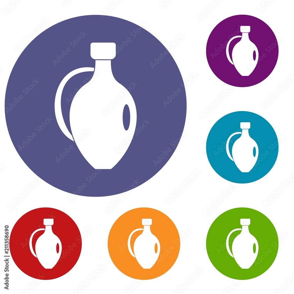 Clay jug icons set in flat circle red, blue and green color for web Clay jug icons set in flat circle red, blue and green color for web