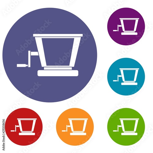 Old grape juicer icons set in flat circle red, blue and green color for web