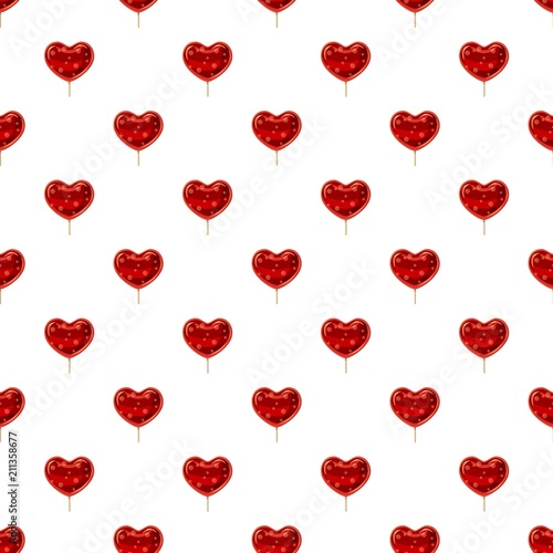 Red heart shaped lollipop pattern seamless repeat in cartoon style vector illustration