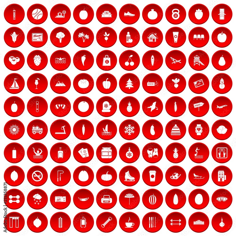 100 wellness icons set in red circle isolated on white vector illustration 100 wellness icons set in red circle isolated on white vector illustration