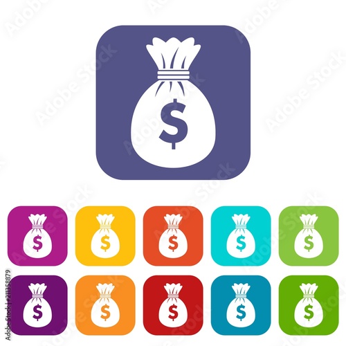 Bag with dollars icons set vector illustration in flat style in colors red  blue  green  and other