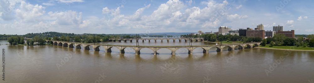 Harrisburg Pennsylvania Susquehanna River Panorama Aerial Perspective Above Bridge Infrastructure Landscape