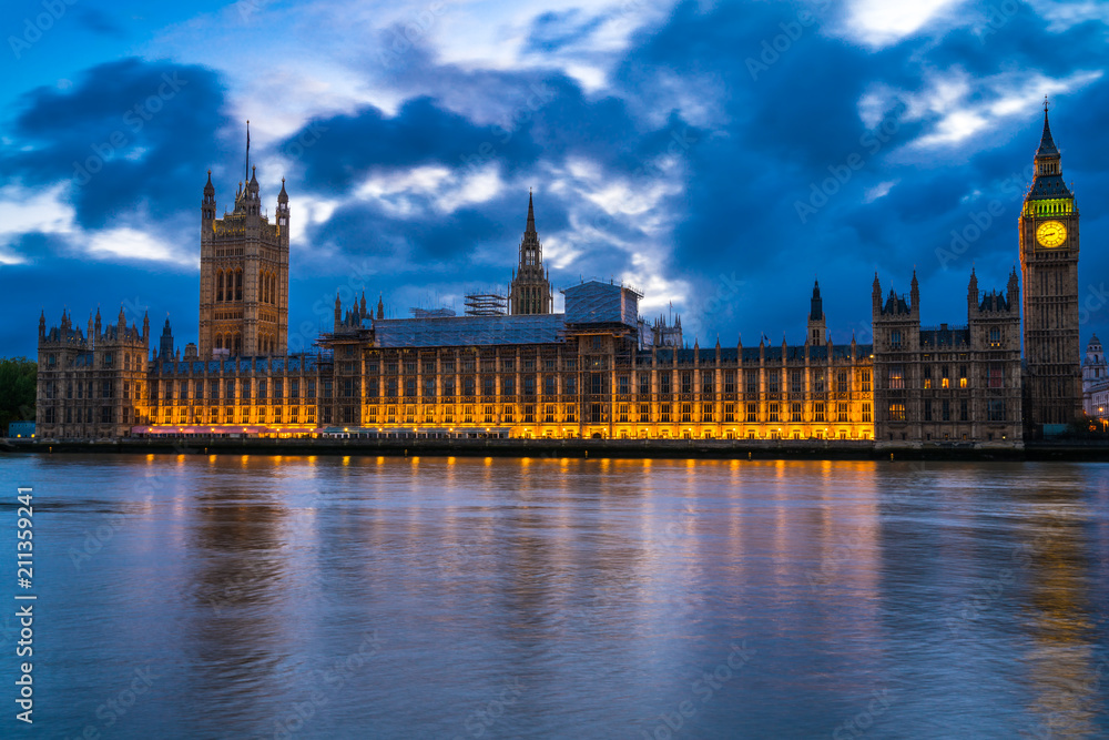 Westminster Palace illuminated at dusk