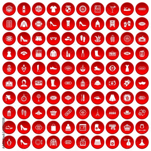 100 woman shopping icons set in red circle isolated on white vector illustration