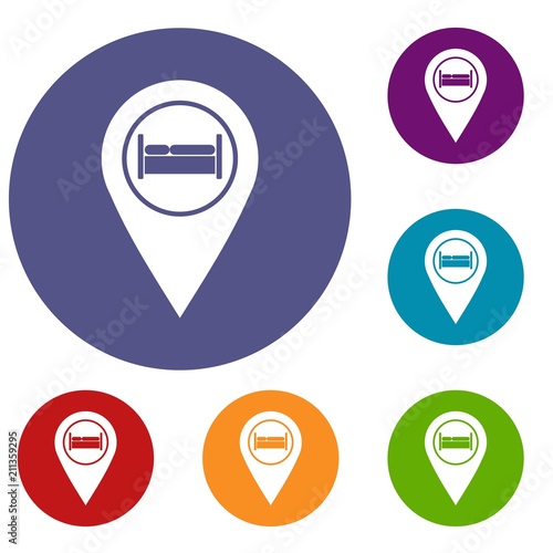 Bed, hostel, hotel sign icons set in flat circle red, blue and green color for web