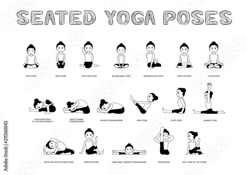Yoga Seated Poses Vector Illustration Monochrome