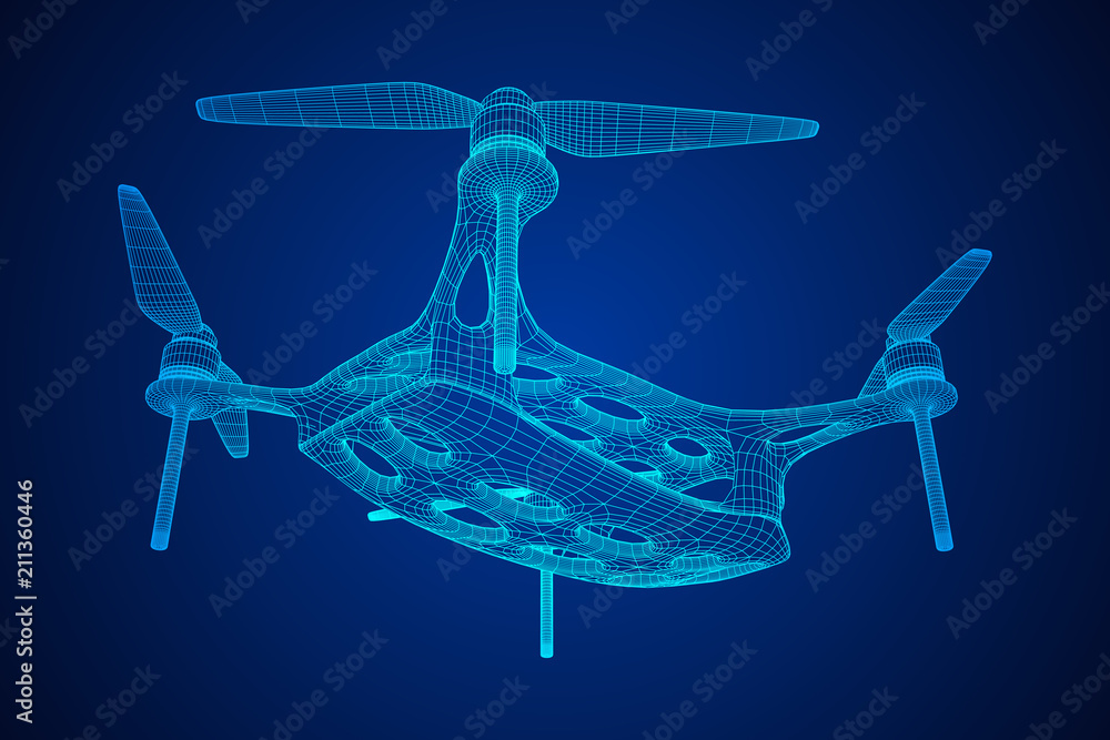 Remote control air drone. Dron flying with action video camera. Wireframe low poly mesh vector illustration Remote control air drone. Dron flying with action video camera. Wireframe low poly mesh vector illustration