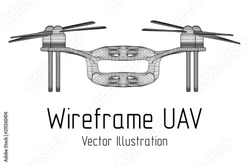 Remote control air drone. Dron flying with action video camera. Wireframe low poly mesh vector illustration