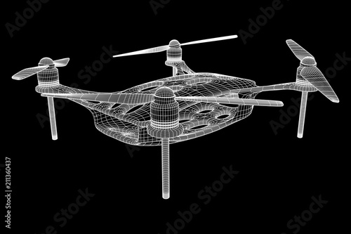 Remote control air drone. Dron flying with action video camera. Wireframe low poly mesh vector illustration