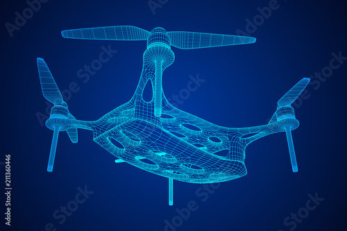 Remote control air drone. Dron flying with action video camera. Wireframe low poly mesh vector illustration