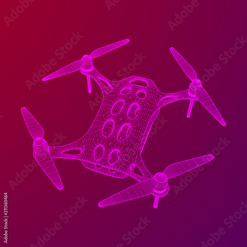 Remote control air drone. Dron flying with action video camera. Wireframe low poly mesh vector illustration