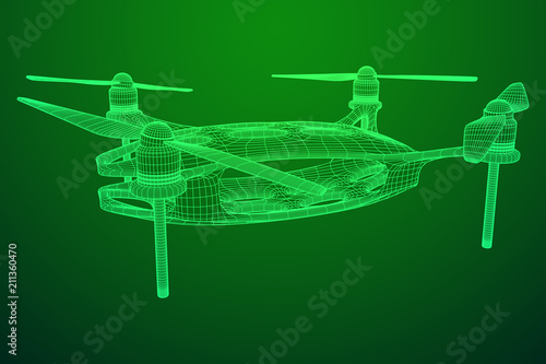 Remote control air drone. Dron flying with action video camera. Wireframe low poly mesh vector illustration