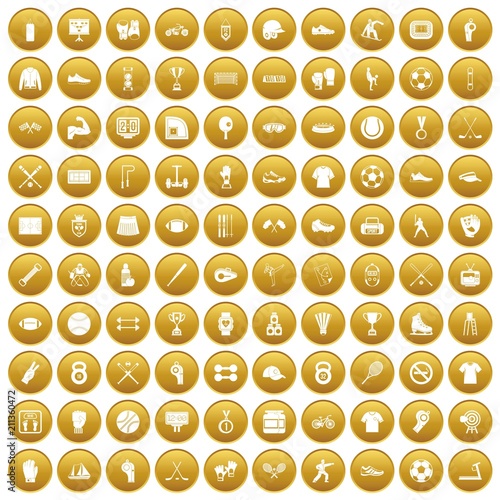 100 athlete icons set in gold circle isolated on white vector illustration
