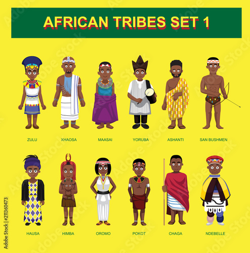 African Tribes Cute Characters Cartoon Set Vector Illustration photo