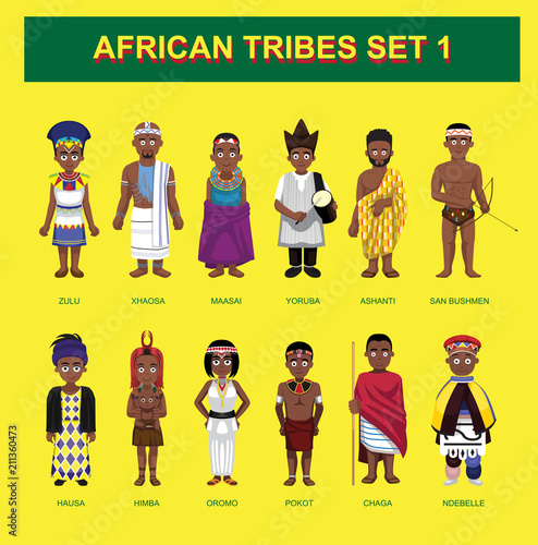 African Tribes Cute Characters Cartoon Set Vector Illustration