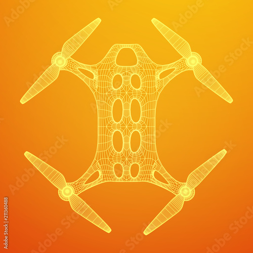 Remote control air drone. Dron flying with action video camera. Wireframe low poly mesh vector illustration