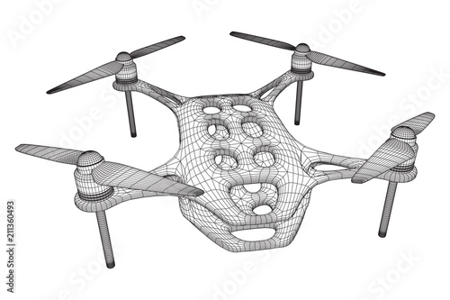 Remote control air drone. Dron flying with action video camera. Wireframe low poly mesh vector illustration