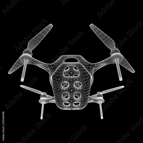 Remote control air drone. Dron flying with action video camera. Wireframe low poly mesh vector illustration
