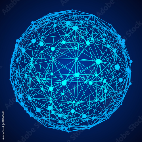 Big data visualization. HUD wireframe mesh sphere with dot and lines. Analysis of information. Visual data infographics design. Science and technology. Digital Data Vector Illustration.