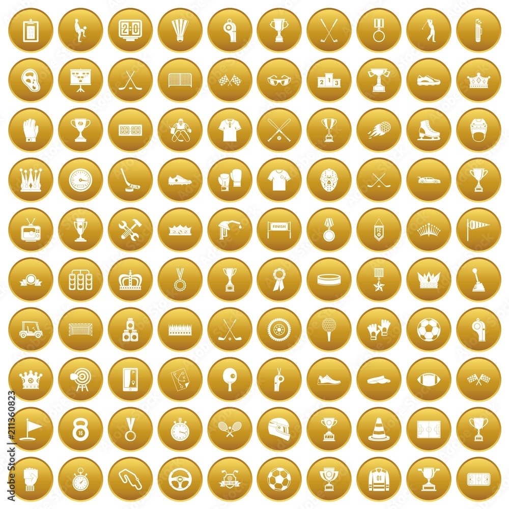 100 awards icons set in gold circle isolated on white vector illustration 100 awards icons set in gold circle isolated on white vector illustration