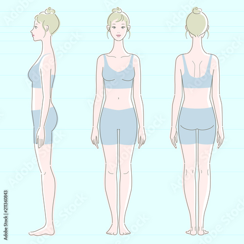 レオタードを着た白い肌の女性の全身図、正面、側面、背面