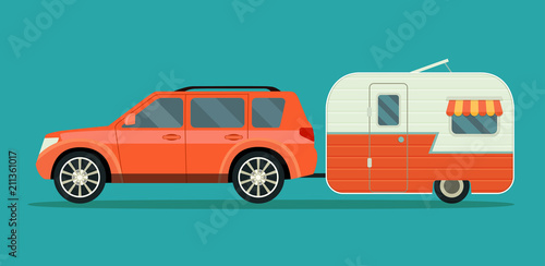 Car and trailers caravan isolated. Vector flat style illustration
