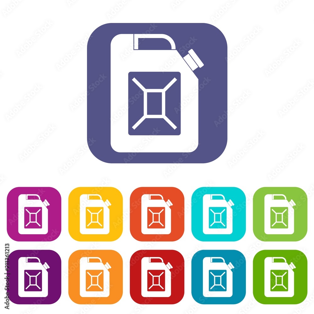 Jerrycan icons set vector illustration in flat style in colors red, blue, green, and other Jerrycan icons set vector illustration in flat style in colors red, blue, green, and other
