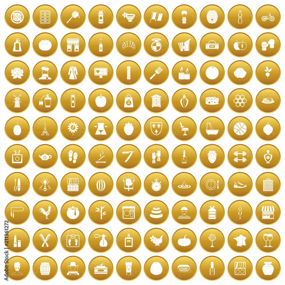 100 beauty product icons set in gold circle isolated on white vector illustration 100 beauty product icons set in gold circle isolated on white vector illustration