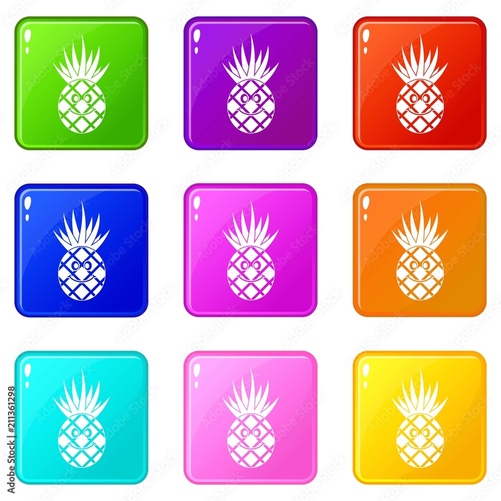 Smiling pineapple icons of 9 color set isolated vector illustration