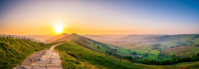 Mam Tor mountain in Peak District at sunrise 