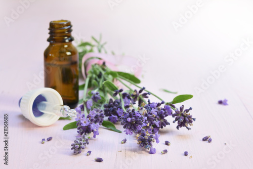 fresh lavender flowers and essential herbal oil in a glass bottle on light rose wood, copy space, close up