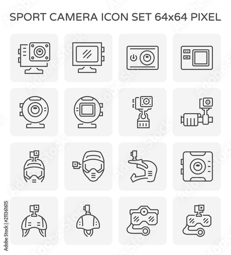 Action camera or action cam vector icon. Include equipment, tool or accessory. Digital camera for shot photo and record media video on card in extreme sport, adventure travel, diving, motorcycle, bike