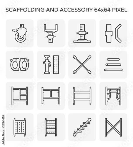 Scaffolding icon also called scaffold or staging. Temporary structure to support work in construction, maintenance and repair of building. Consist of wheel or caster, platform, ladder and frame etc.