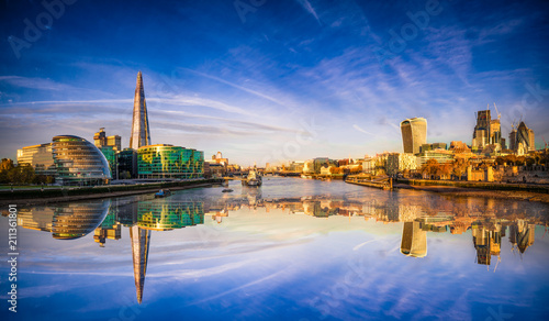 Photography Panorama of London Landmarks reflected in the water