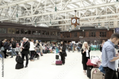 A view of the main station concourse of Glasgow Central railway station with the famous clock, which is a well known meeting point.
