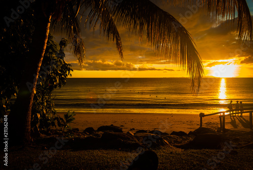 Enjoying sunset time in Denarau Island Fiji with orange blue sky and cloud for family vacation and couple honey moon retreat