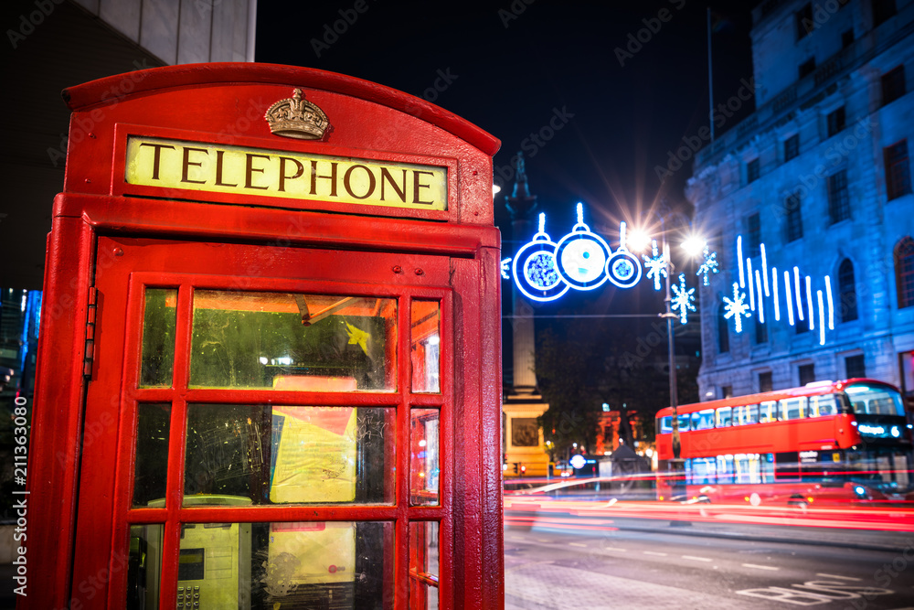 Red telephone booth in London at Christmas Red telephone booth in London at Christmas