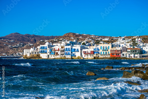 Waterfront view of Little Venice part of Mykonos town, Mykonos island, Greece