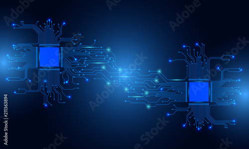 Circuit Board Technology CPU Microprocessor Interface Connection Vector Background. Blue Abstract Scifi PCB Trace Data Transfer Design Illustration.