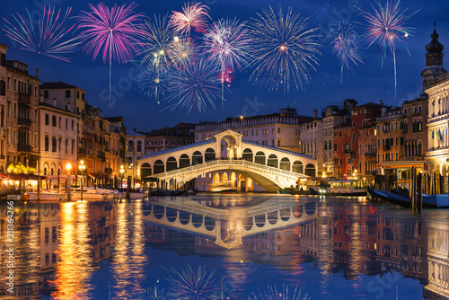 Rialto bridge and Garnd Canal with fireworks in Venice, Italy © Pawel Pajor