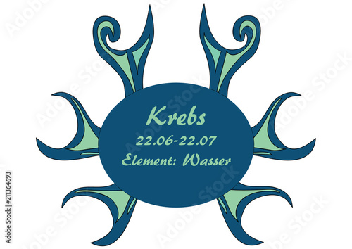 Sternzeichen Krebs mit Text in Deutsch: Krebs, Datum, Element: Wasser. Vektorgrafik eps10