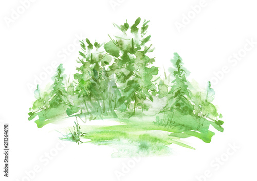 Watercolor forest, green silhouette of trees, bushes., Field. Country view. Postcard, logo, card. Drawing of green trees on a yellow grass on a white background. Splash of paint. 