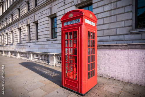 Traditional red British telephone box in London